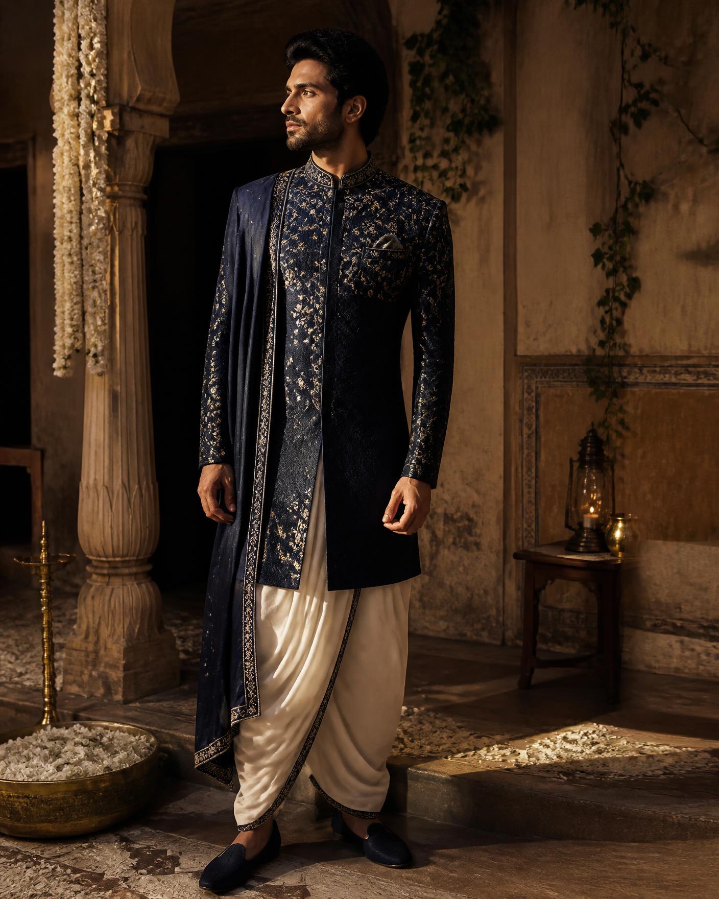 Man wearing an indigo embroidered sherwani in a heritage courtyard